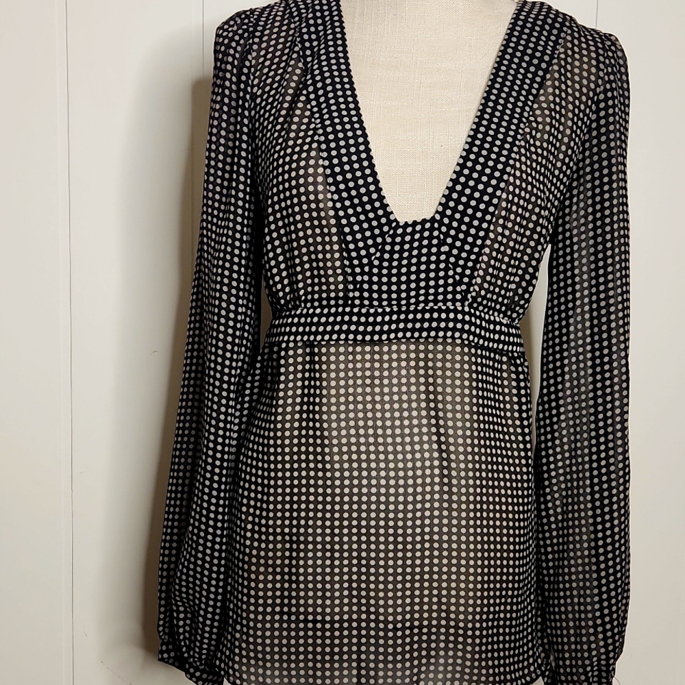 Y2K black white polka-dot empire waist tie back babydoll top